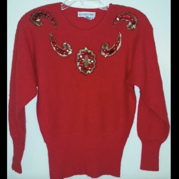Outlander Sweaters - Vintage Lambswool Angora Beaded Sequin Embellished Cocktail Sweater